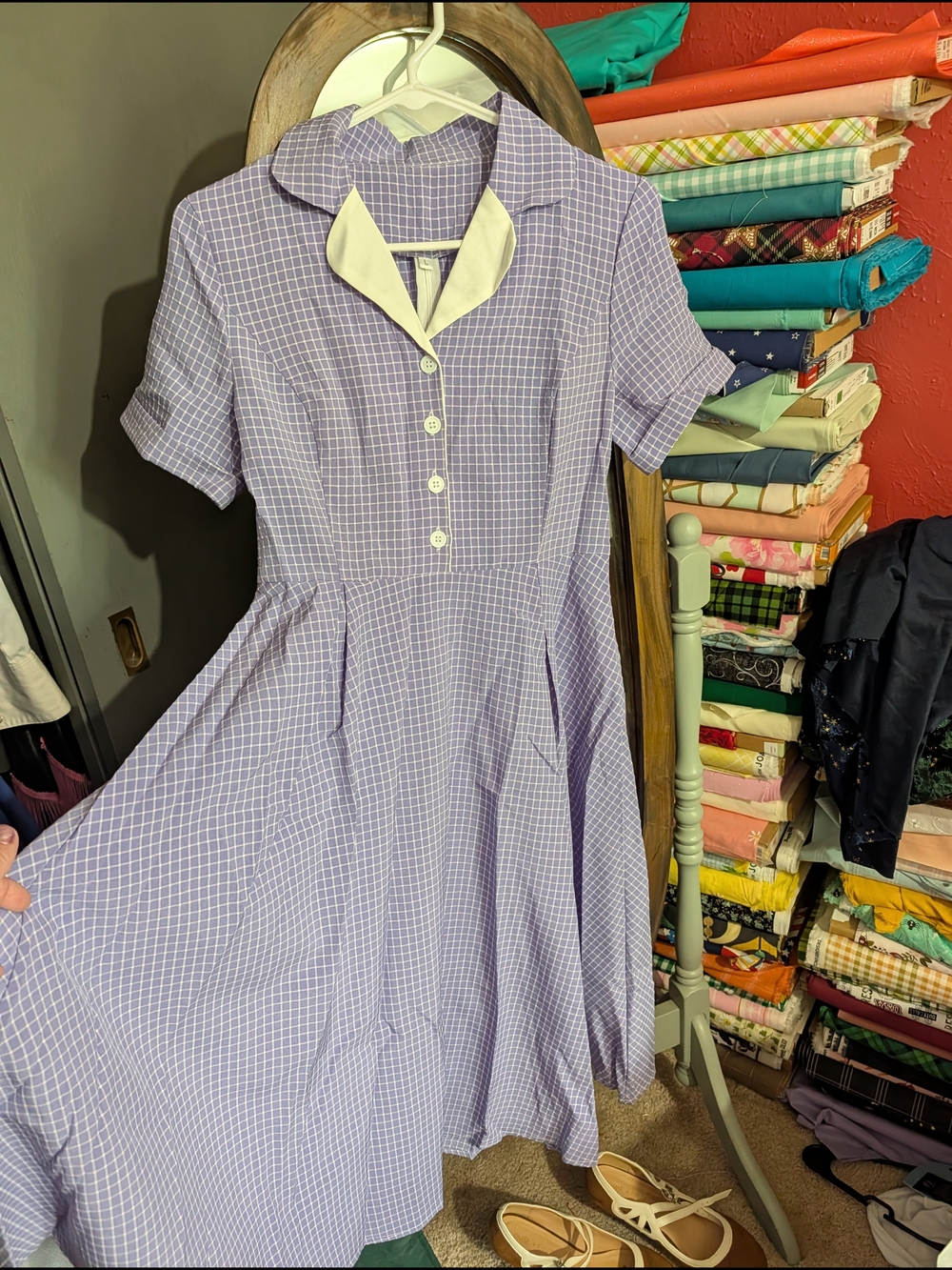 Lilac Check Vintage-Inspired Day Dress with Contrast Collar